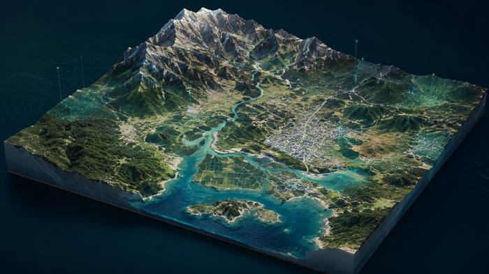 3D terrain model with geospatial data layers