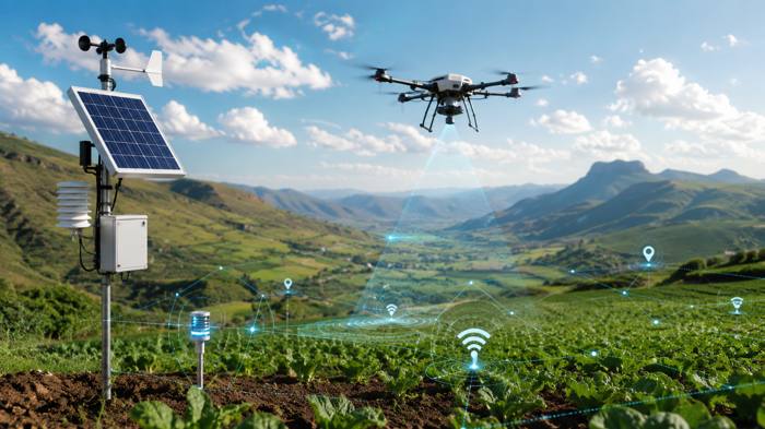 Drone and solar-powered monitoring station over fields